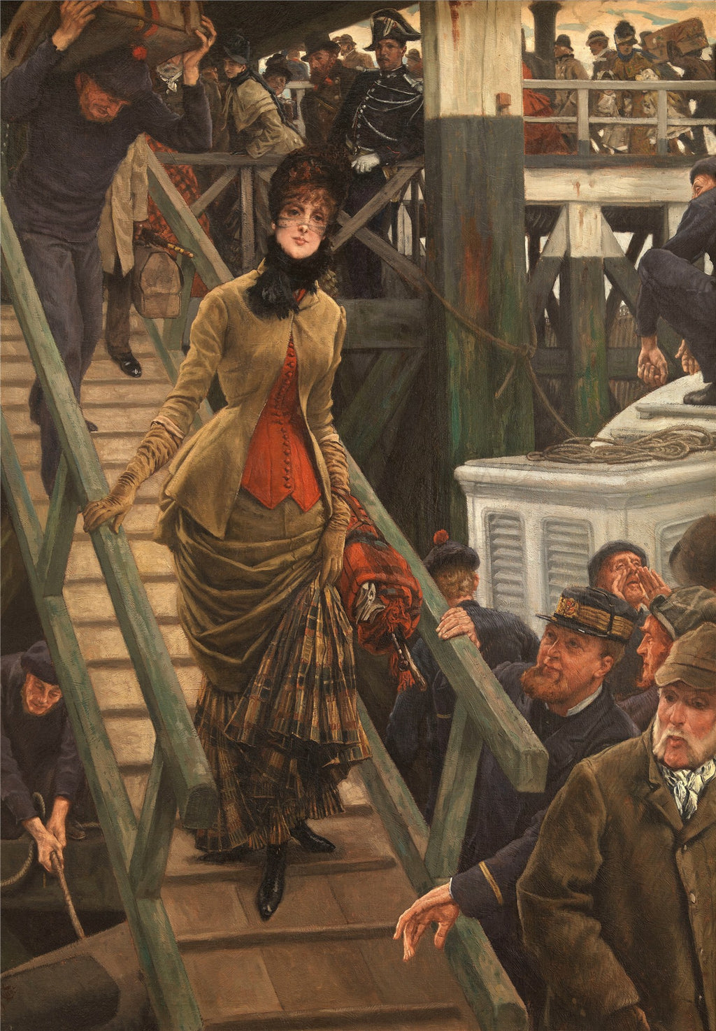 Mulher elegante descendo uma passarela de madeira, cercada por homens e bagagens em uma cena portuária ou de embarque, obra de James Tissot.