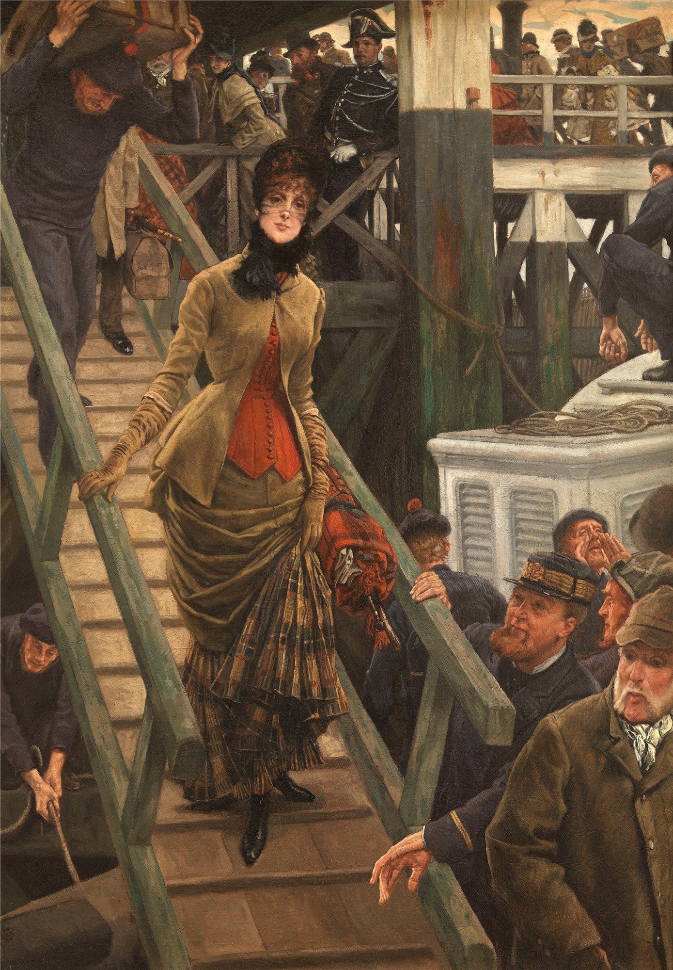 Mulher elegante descendo uma passarela de madeira, cercada por homens e bagagens em uma cena portuária ou de embarque, obra de James Tissot.
