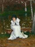 Quadro decorativo de James Tissot, 'The Farewell', mostrando uma mulher pensativa em um banco de jardim com um pug ao lado, em cenário outonal com folhas caídas e um lago ao fundo.