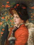 Retrato de mulher elegante com chapéu preto e xale vermelho, segurando um leque, em meio a um fundo floral. Obra de James Tissot.