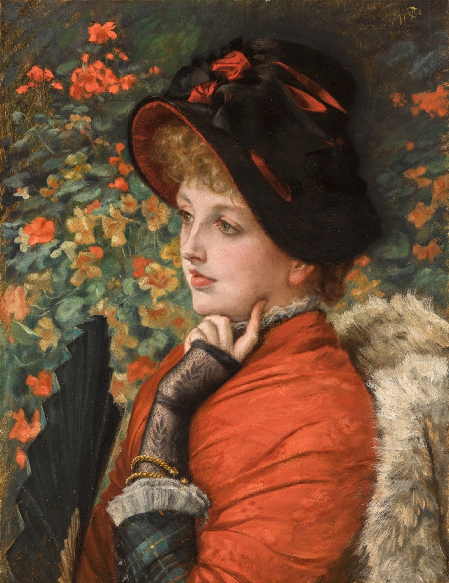 Retrato de mulher elegante com chapéu preto e xale vermelho, segurando um leque, em meio a um fundo floral. Obra de James Tissot.