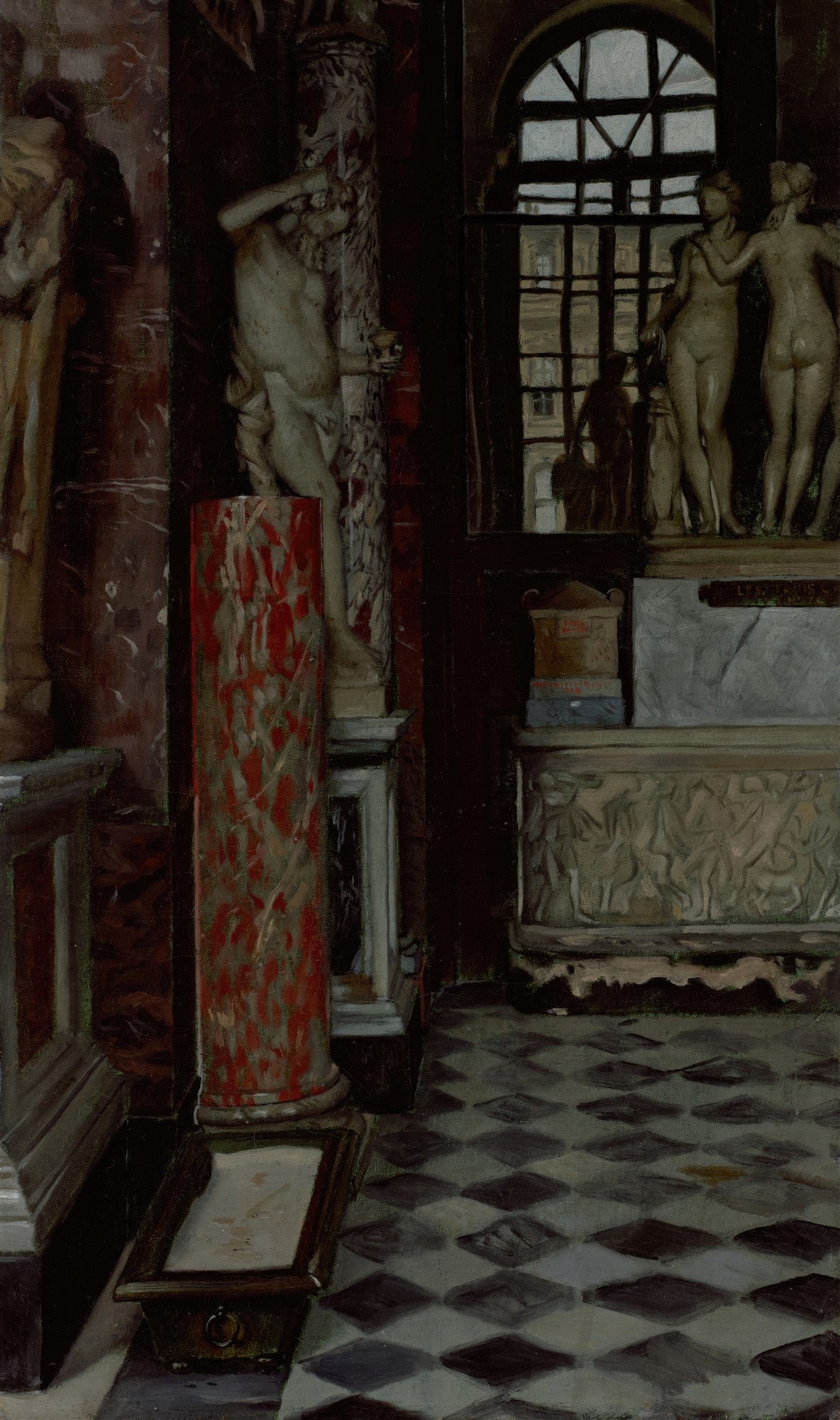 Uma pintura a óleo de James Tissot, mostrando o interior de uma galeria com esculturas clássicas, um chão xadrez e uma janela arqueada no fundo. A iluminação é dramática e sombria, com detalhes em vermelho e tons terrosos.