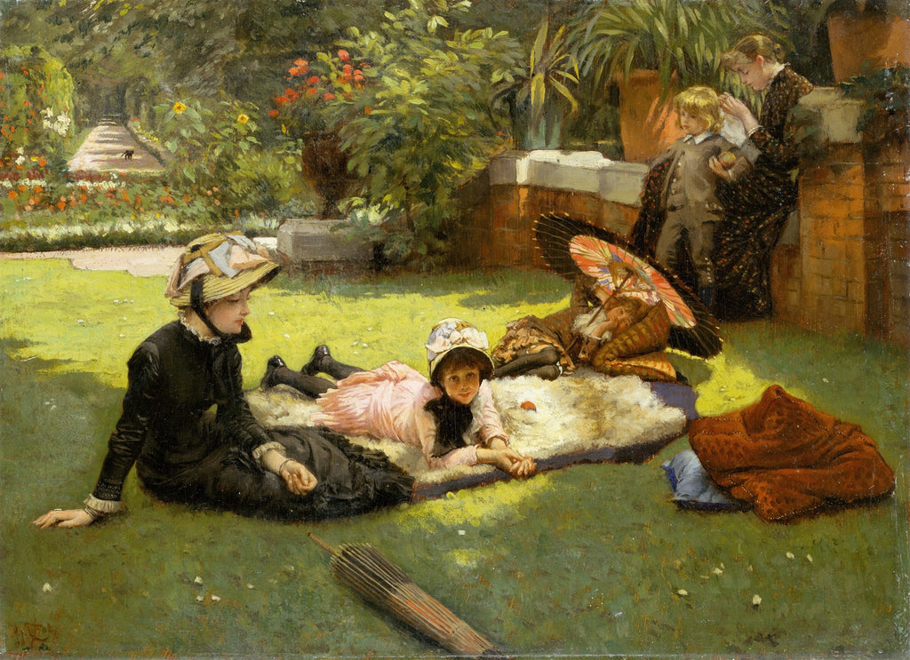 Quadro decorativo mostrando uma cena de piquenique no jardim com pessoas elegantes, sob a luz do sol, de James Tissot