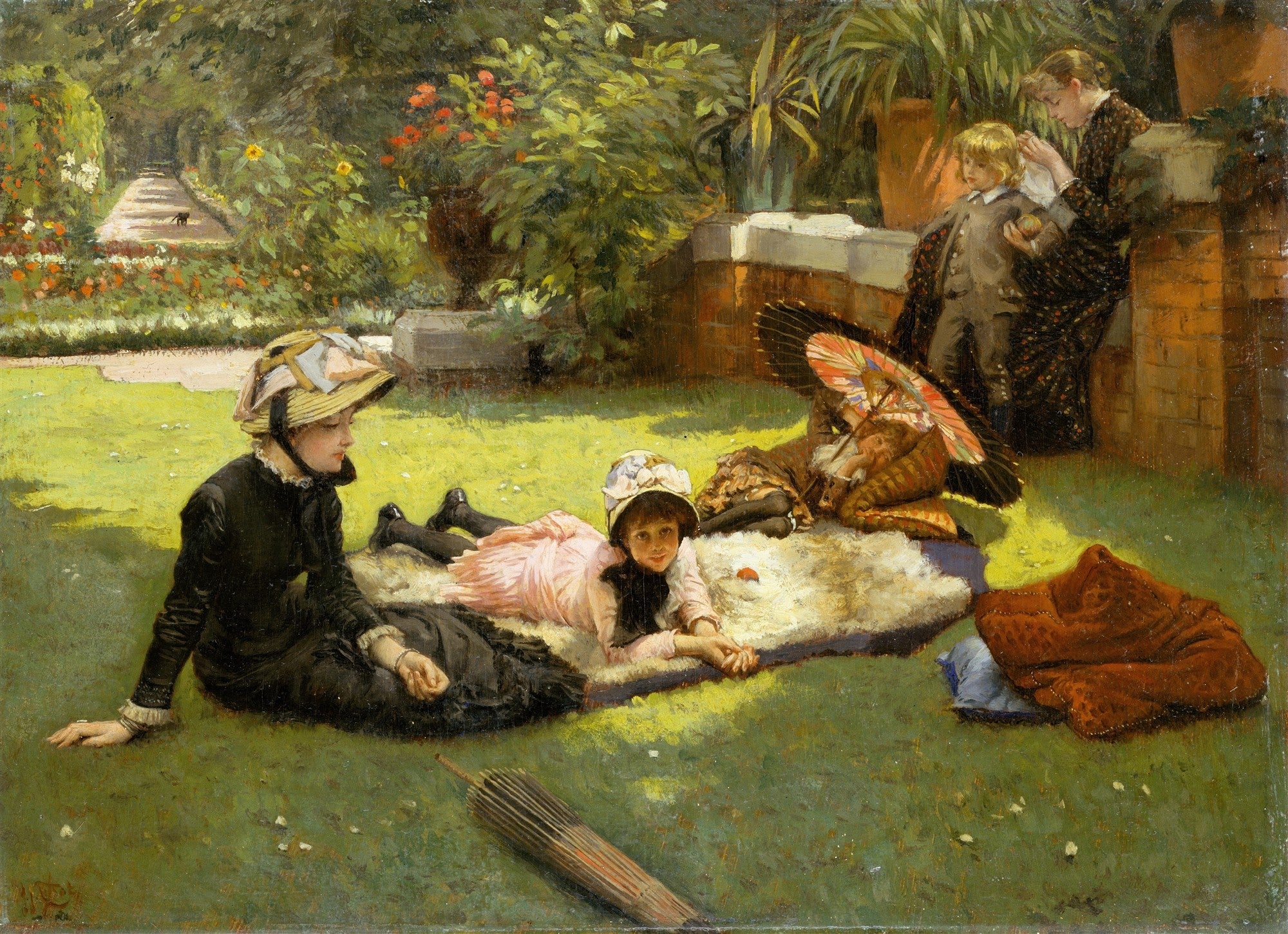Quadro decorativo mostrando uma cena de piquenique no jardim com pessoas elegantes, sob a luz do sol, de James Tissot