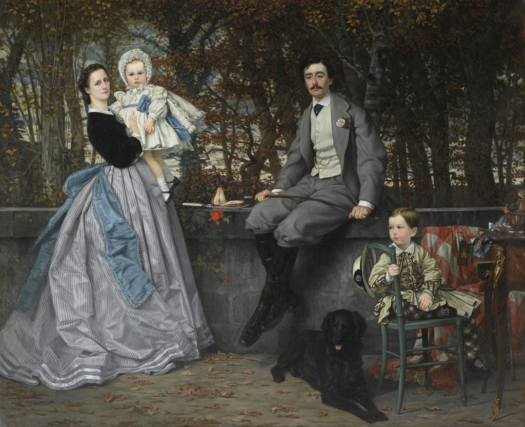 Quadro decorativo "A Família" de James Tissot, retratando uma família vitoriana em um cenário de jardim, com cores outonais e detalhes elegantes.