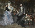 Quadro decorativo "A Família" de James Tissot, retratando uma família vitoriana em um cenário de jardim, com cores outonais e detalhes elegantes.