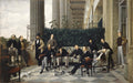 Grupo de cavalheiros vitorianos em um ambiente luxuoso, com colunas e folhagem, em pintura de James Tissot, com um cachorro dálmata no chão.