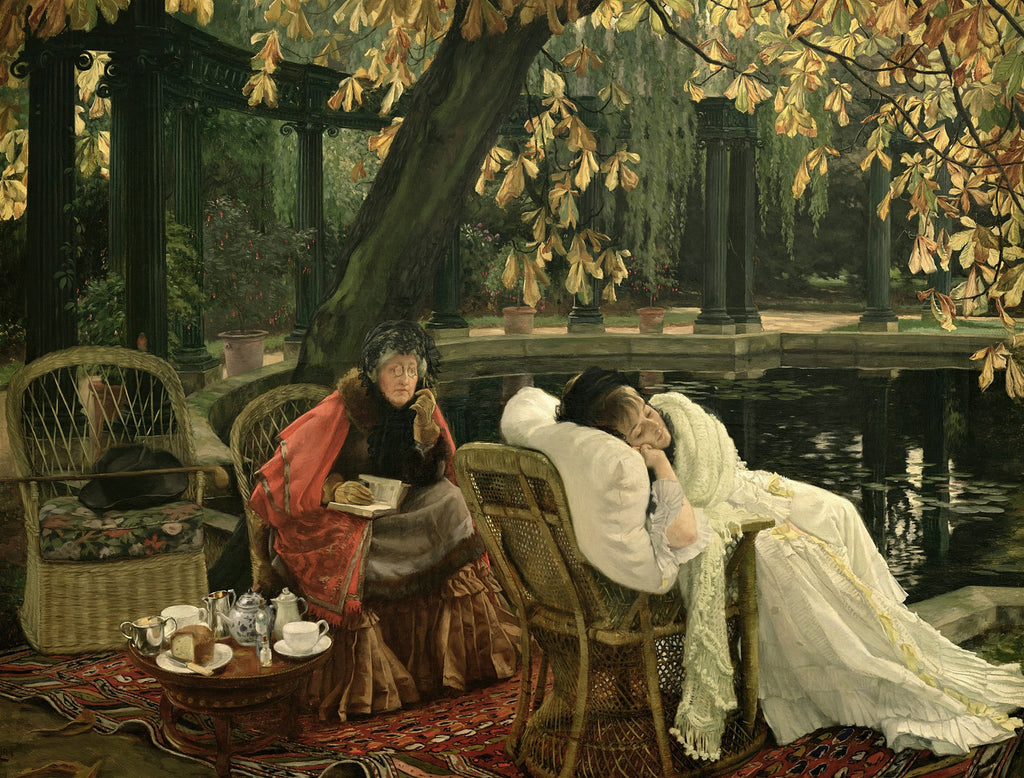 Uma pintura de James Tissot mostrando duas mulheres em um jardim de outono. Uma está lendo e a outra dormindo em uma cadeira de vime ao lado de um lago, cercadas por folhagens em tons de outono e pilares clássicos.