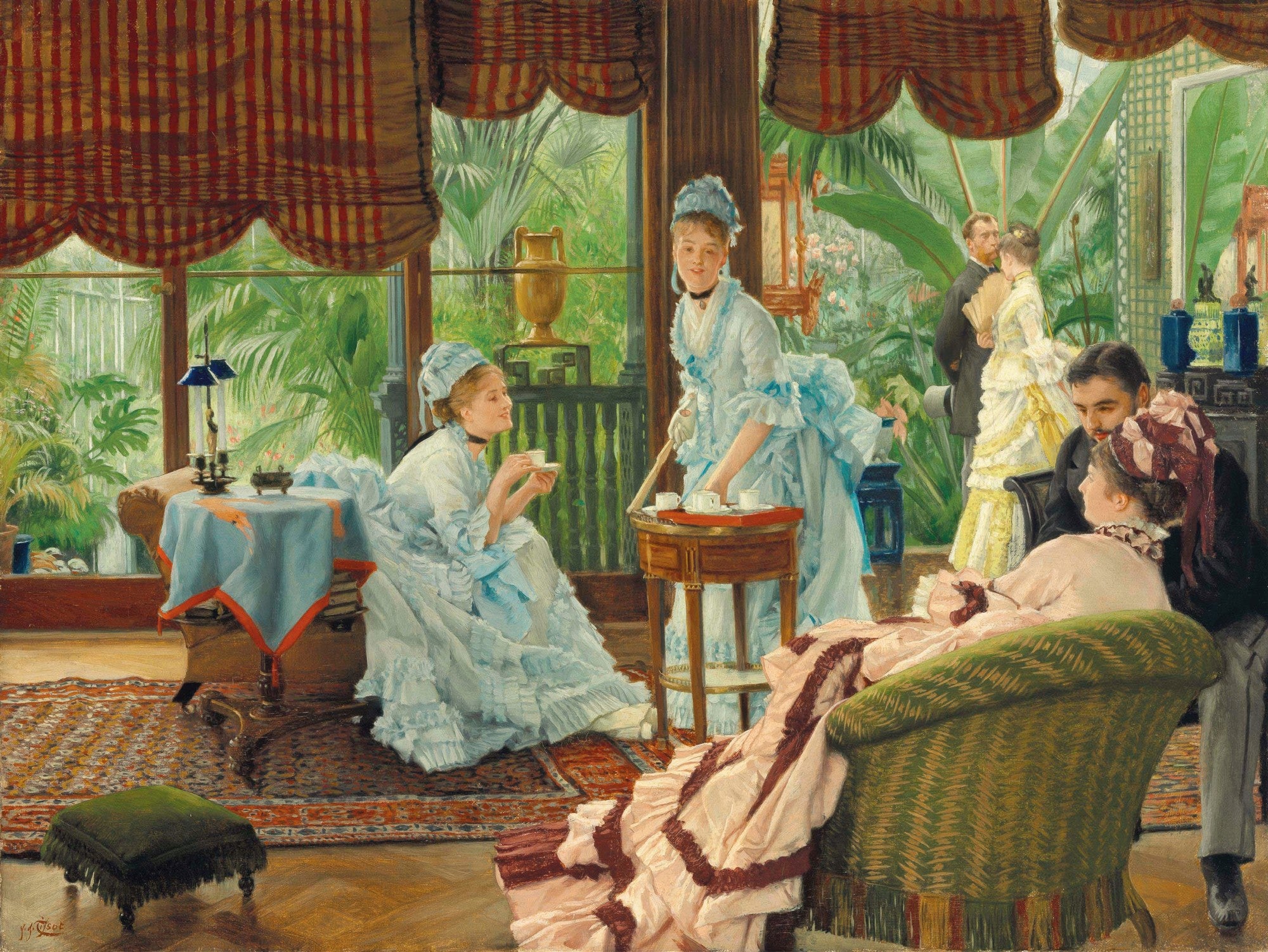 Quadro decorativo mostrando uma cena de estufa vitoriana com pessoas elegantemente vestidas conversando e tomando chá, obra de James Tissot.
