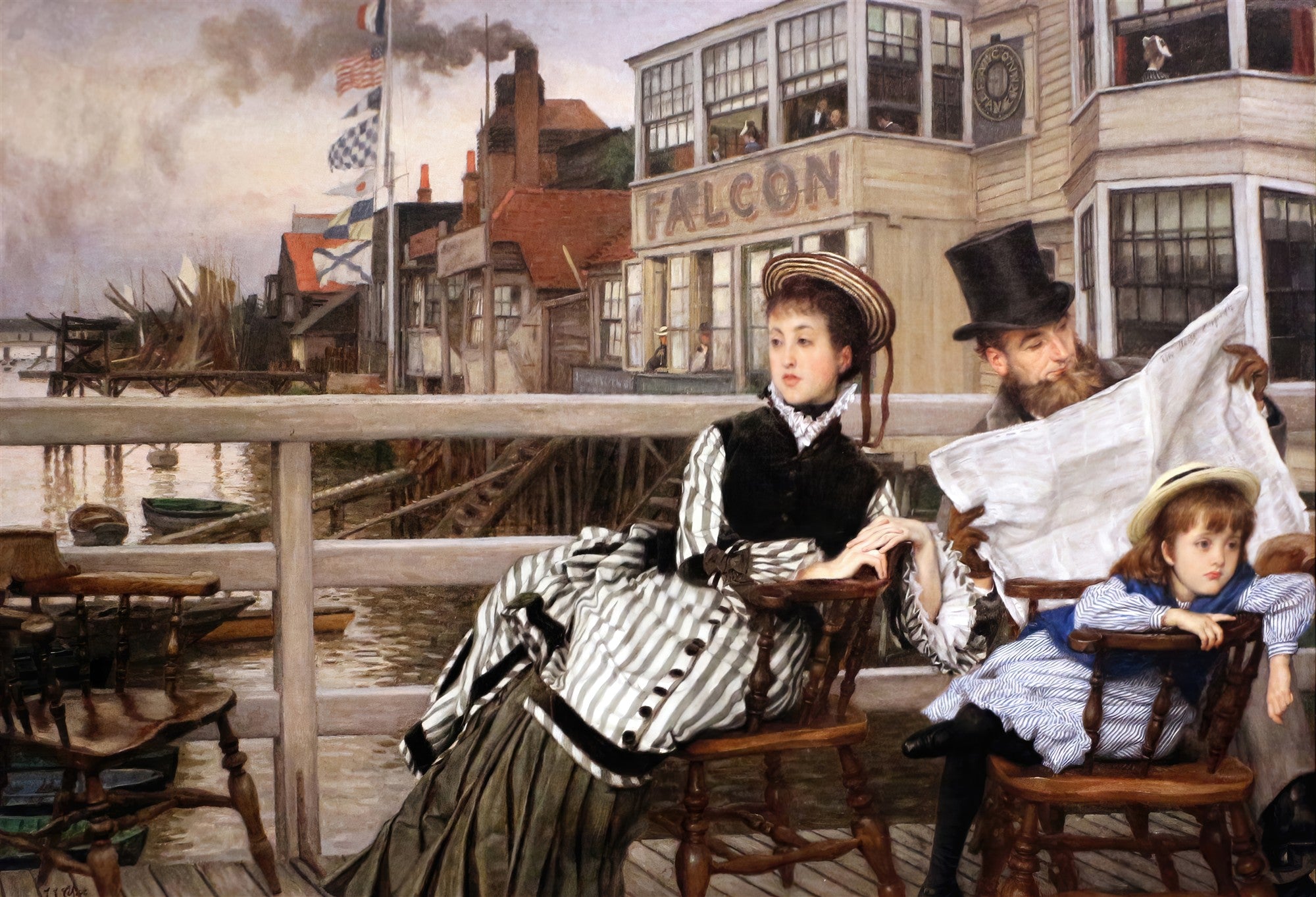 Quadro 'The Last Evening' de James Tissot, retratando uma família em um porto, com a mulher e a criança olhando para o mar enquanto o homem lê um jornal. A cena tem uma atmosfera melancólica e detalhes vitorianos.