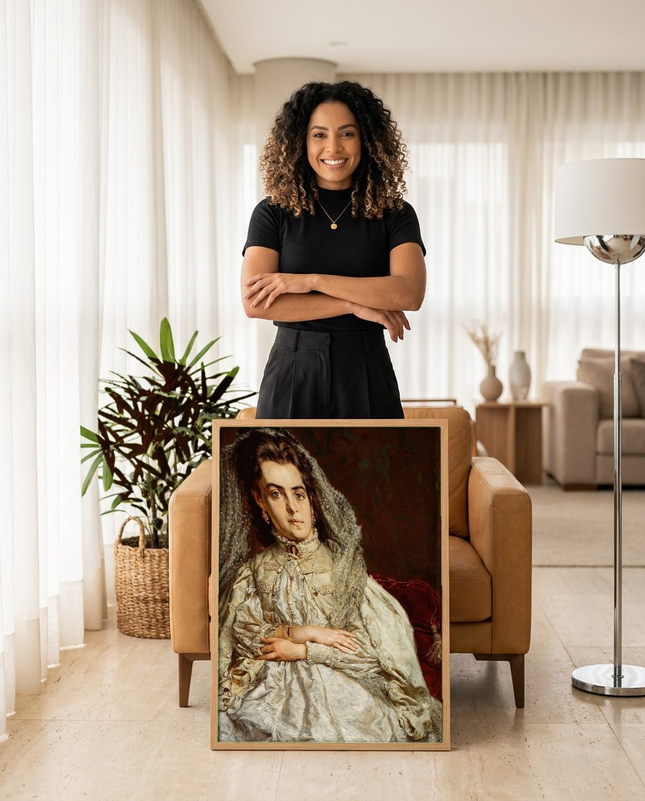 Quadro Decorativo Retrato de Mulher - Jan Matejko com modelo em ambiente