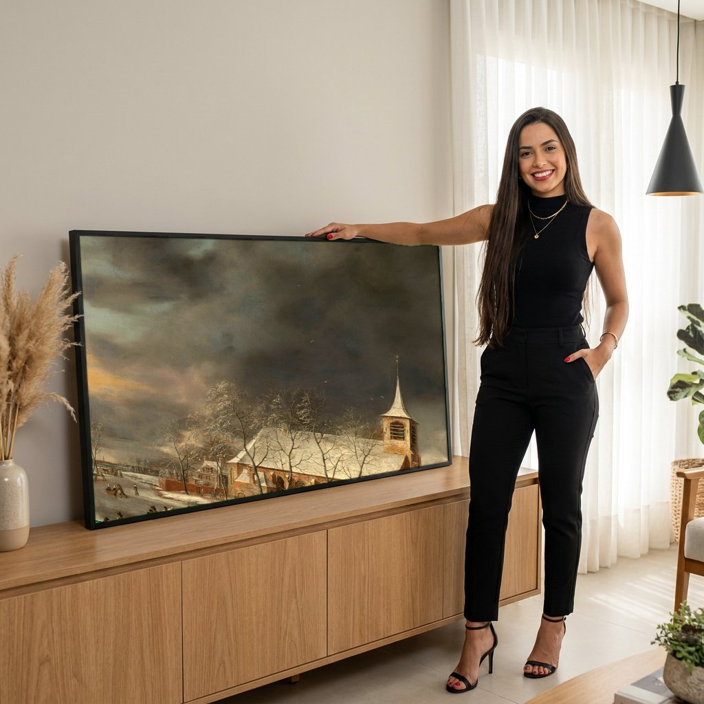 Quadro Decorativo Inverno Neerlandês - Jan Abrahamsz Beerstraaten com modelo em ambiente