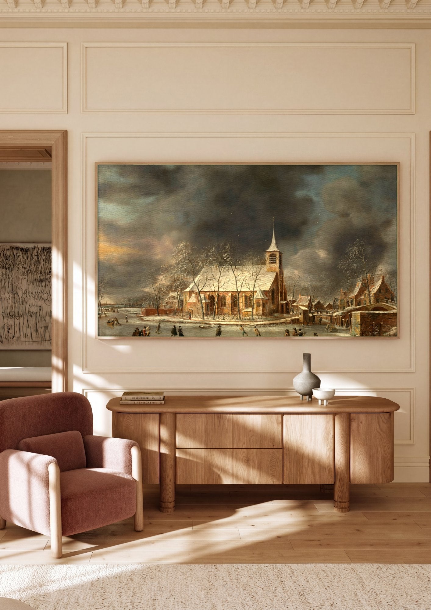 Quadro Decorativo Inverno Neerlandês - Jan Abrahamsz Beerstraaten em ambiente decorado