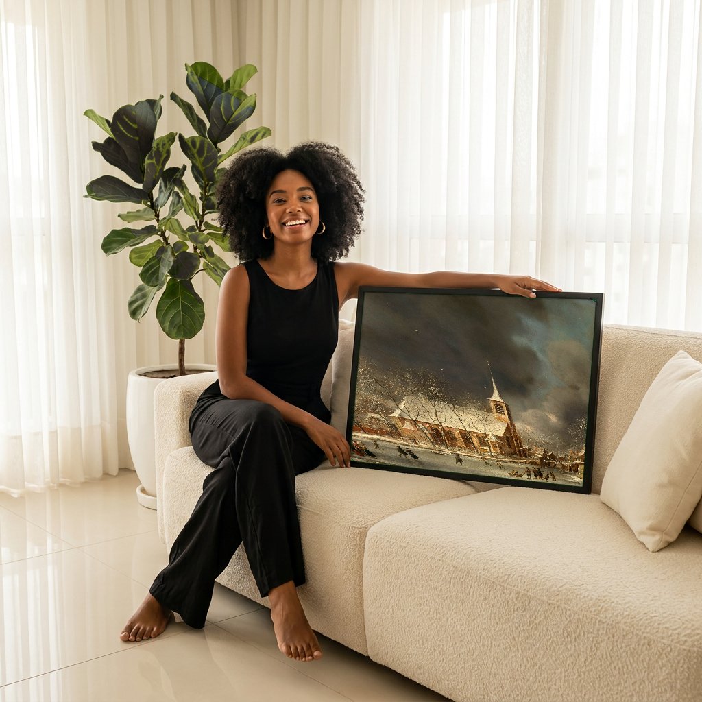 Quadro Decorativo Inverno Neerlandês - Jan Abrahamsz Beerstraaten com modelo em ambiente