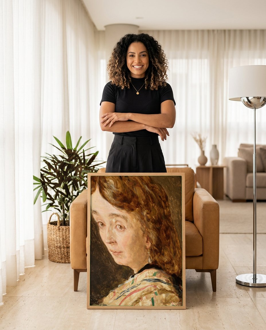Quadro Decorativo Retrato de Mulher - Jan Matejko com modelo em ambiente