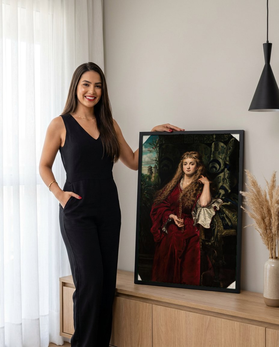 Quadro Decorativo A Rainha de Sheba - Jan Matejko com modelo em ambiente