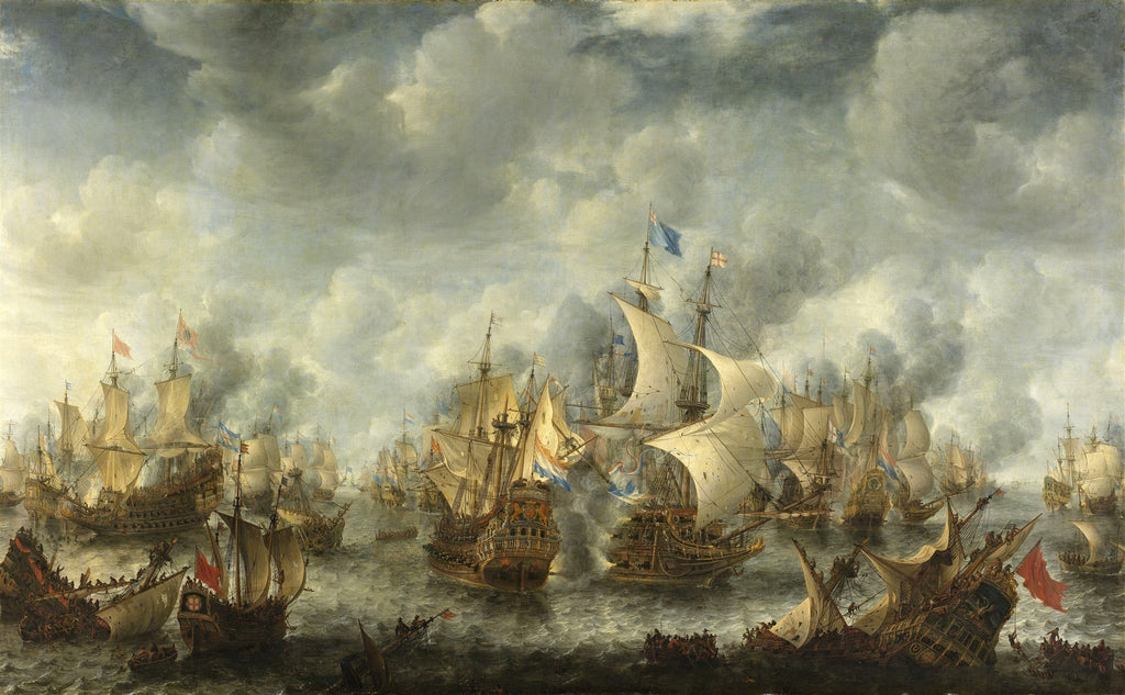 Quadro decorativo de uma intensa batalha naval com múltiplos navios de guerra holandeses e ingleses em combate, sob um céu dramático e cinzento. Fumaça de canhões e destroços flutuando na água escura.