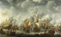 Quadro decorativo de uma intensa batalha naval com múltiplos navios de guerra holandeses e ingleses em combate, sob um céu dramático e cinzento. Fumaça de canhões e destroços flutuando na água escura.