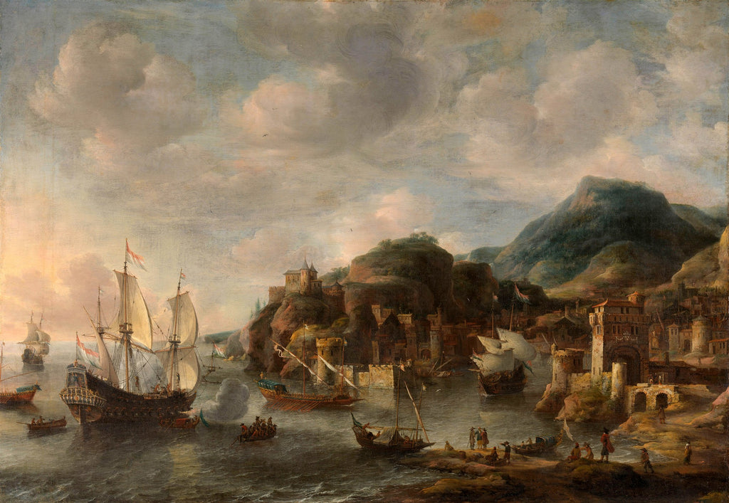 Pintura a óleo de Jan Abrahamsz Beerstraaten retratando um porto mediterrâneo movimentado ao entardecer, com grandes navios à vela e pequenas embarcações, edifícios em colinas e pessoas na orla.