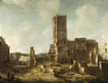 Quadro decorativo mostrando ruínas de um grande edifício após um incêndio, com pessoas trabalhando e observando a cena em uma cidade do século XVII, atribuído a Jan Abrahamsz Beerstraaten.