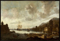 Pintura a óleo de Jan Abrahamsz Beerstraaten, representando um porto movimentado com navios à vela e pessoas na costa e em barcos, sob um céu nublado. A arquitetura da cidade é visível na margem, com montanhas ao fundo.