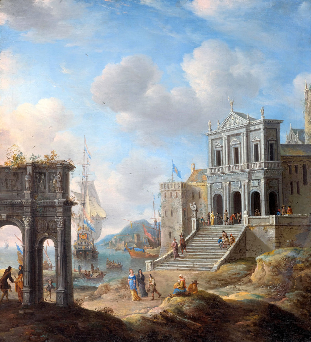 Quadro decorativo com uma cena portuária clássica, apresentando grandes navios à vela, um arco romano à esquerda e um edifício imponente com escadarias à direita, sob um céu azul com nuvens brancas, com pessoas em primeiro plano.