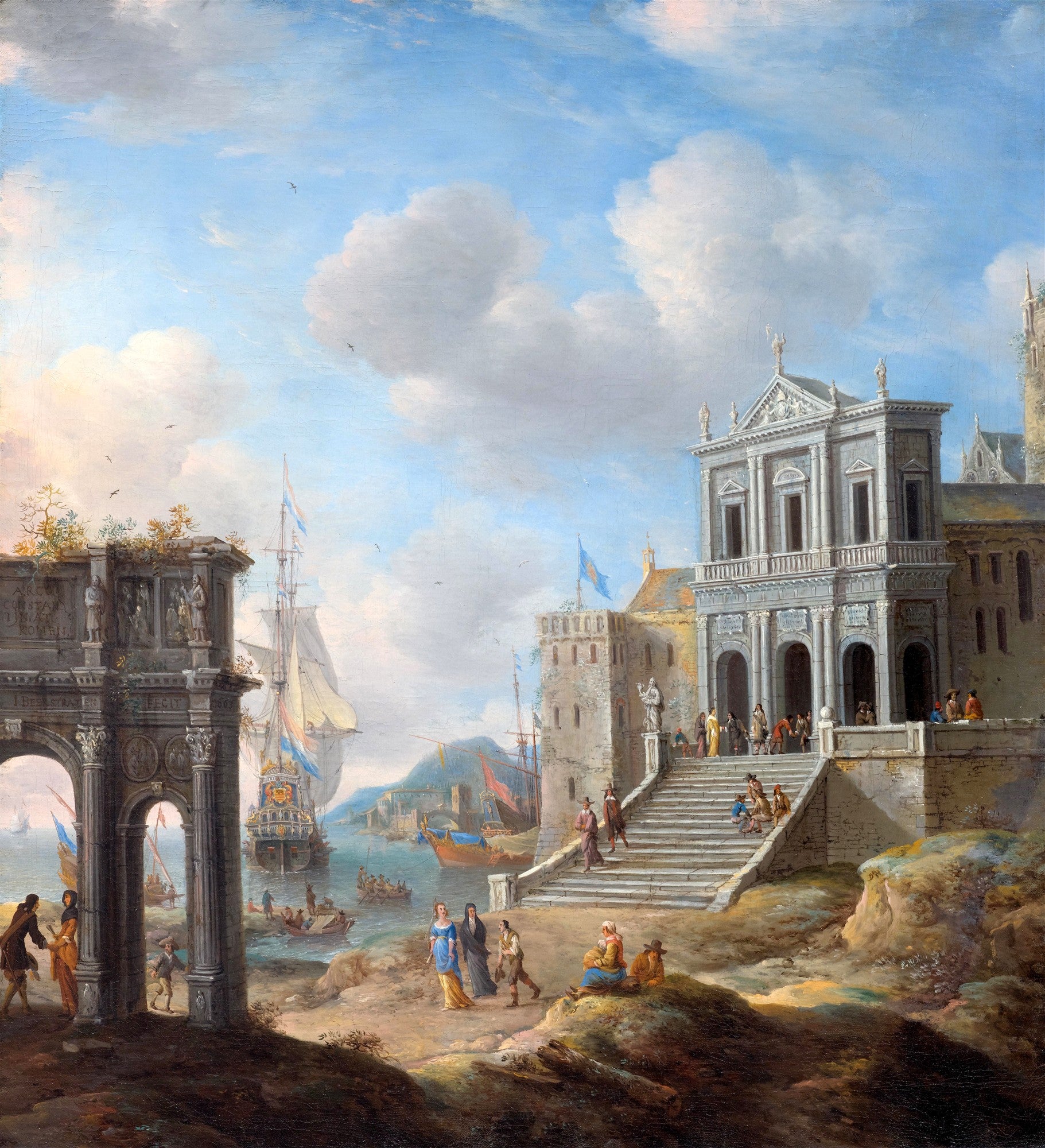 Quadro decorativo com uma cena portuária clássica, apresentando grandes navios à vela, um arco romano à esquerda e um edifício imponente com escadarias à direita, sob um céu azul com nuvens brancas, com pessoas em primeiro plano.