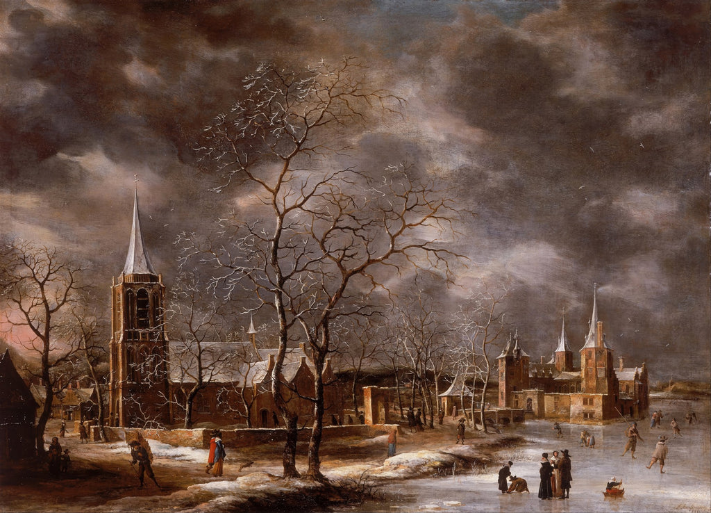 Pintura a óleo de Jan Abrahamsz Beerstraaten retratando uma paisagem de inverno com neve, árvores desfolhadas, um vilarejo com torres de igreja e pessoas patinando em um rio congelado sob um céu dramático.