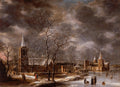 Pintura a óleo de Jan Abrahamsz Beerstraaten retratando uma paisagem de inverno com neve, árvores desfolhadas, um vilarejo com torres de igreja e pessoas patinando em um rio congelado sob um céu dramático.