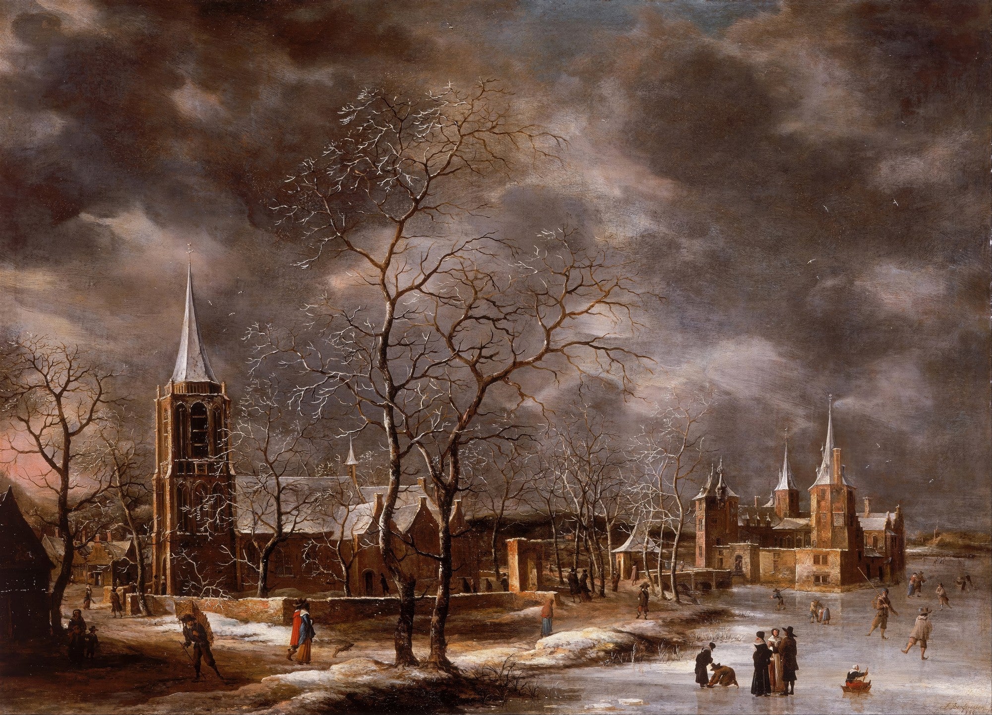 Pintura a óleo de Jan Abrahamsz Beerstraaten retratando uma paisagem de inverno com neve, árvores desfolhadas, um vilarejo com torres de igreja e pessoas patinando em um rio congelado sob um céu dramático.