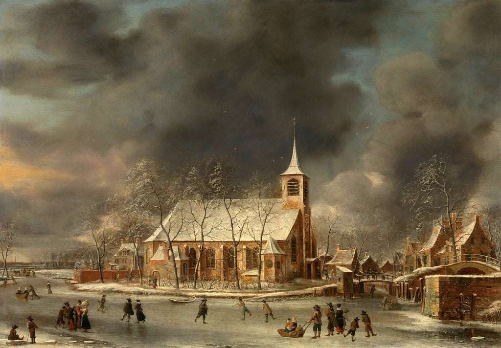 Paisagem de inverno neerlandesa com rio congelado, patinadores e uma igreja imponente sob um céu dramático, por Jan Abrahamsz Beerstraaten.