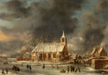 Paisagem de inverno neerlandesa com rio congelado, patinadores e uma igreja imponente sob um céu dramático, por Jan Abrahamsz Beerstraaten.