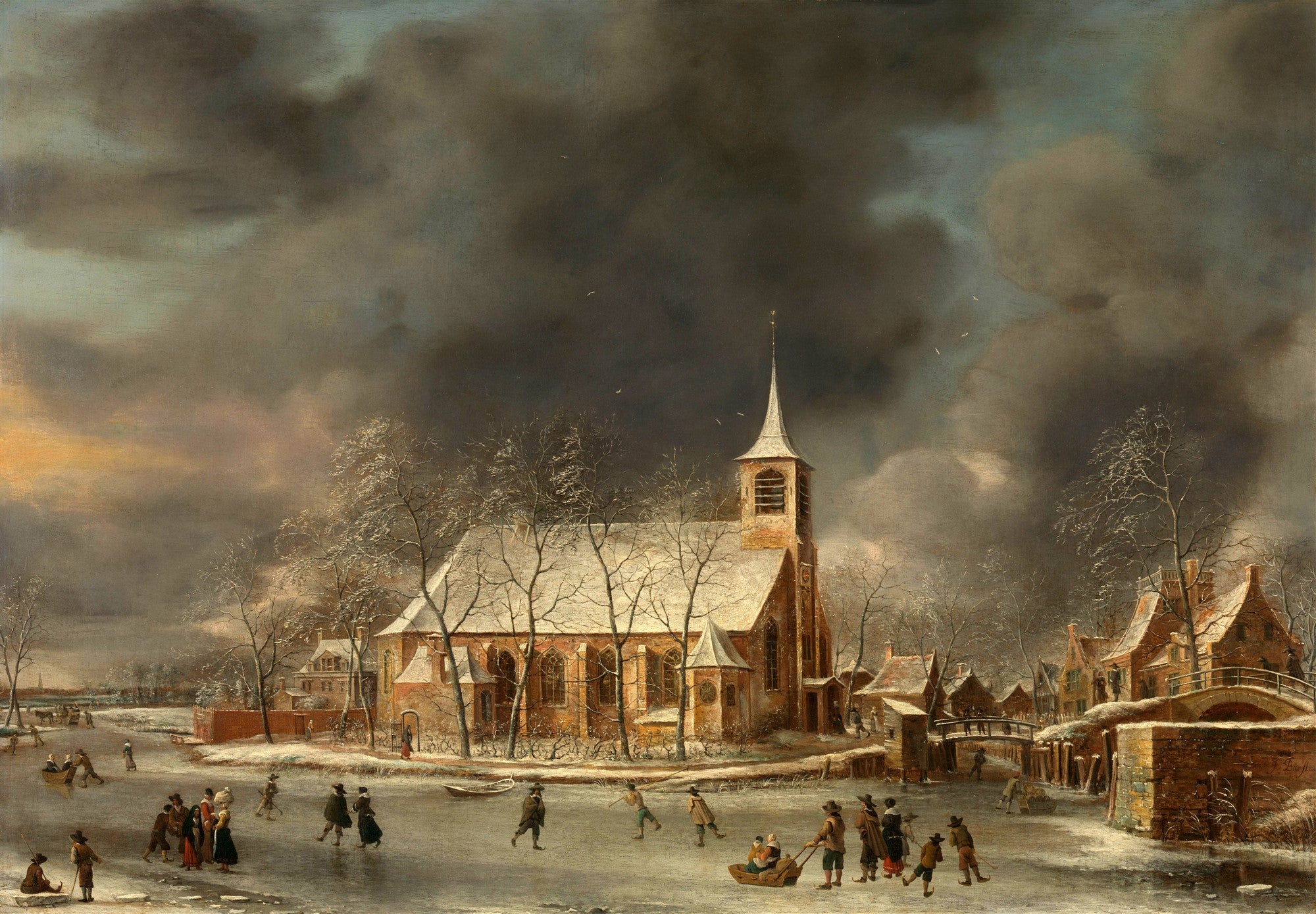 Paisagem de inverno neerlandesa com rio congelado, patinadores e uma igreja imponente sob um céu dramático, por Jan Abrahamsz Beerstraaten.