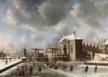 Pintura a óleo de Jan Abrahamsz Beerstraaten representando uma cena de inverno com pessoas patinando no gelo em um canal, com pontes levadiças e construções históricas cobertas de neve sob um céu nublado.