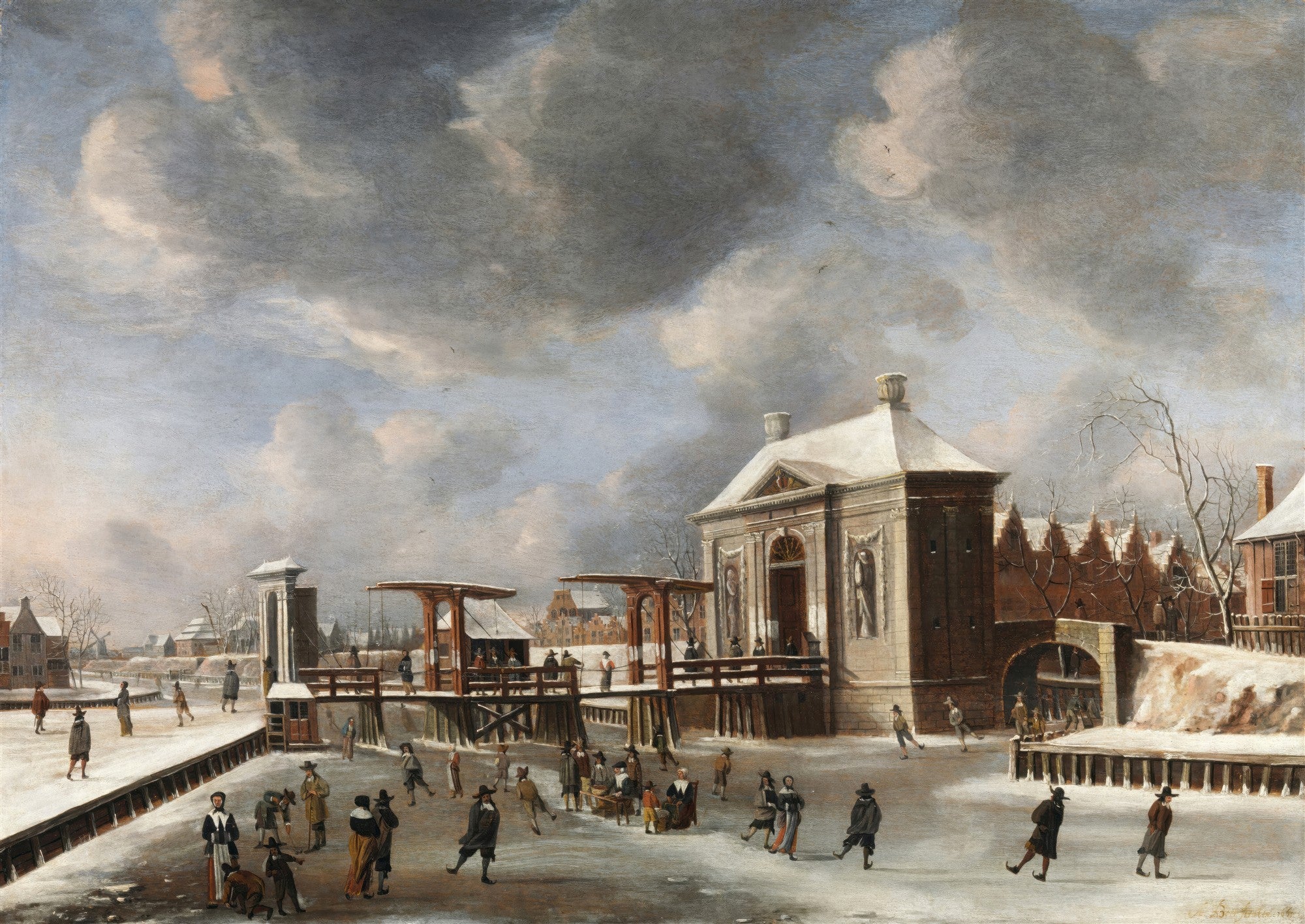 Pintura a óleo de Jan Abrahamsz Beerstraaten representando uma cena de inverno com pessoas patinando no gelo em um canal, com pontes levadiças e construções históricas cobertas de neve sob um céu nublado.