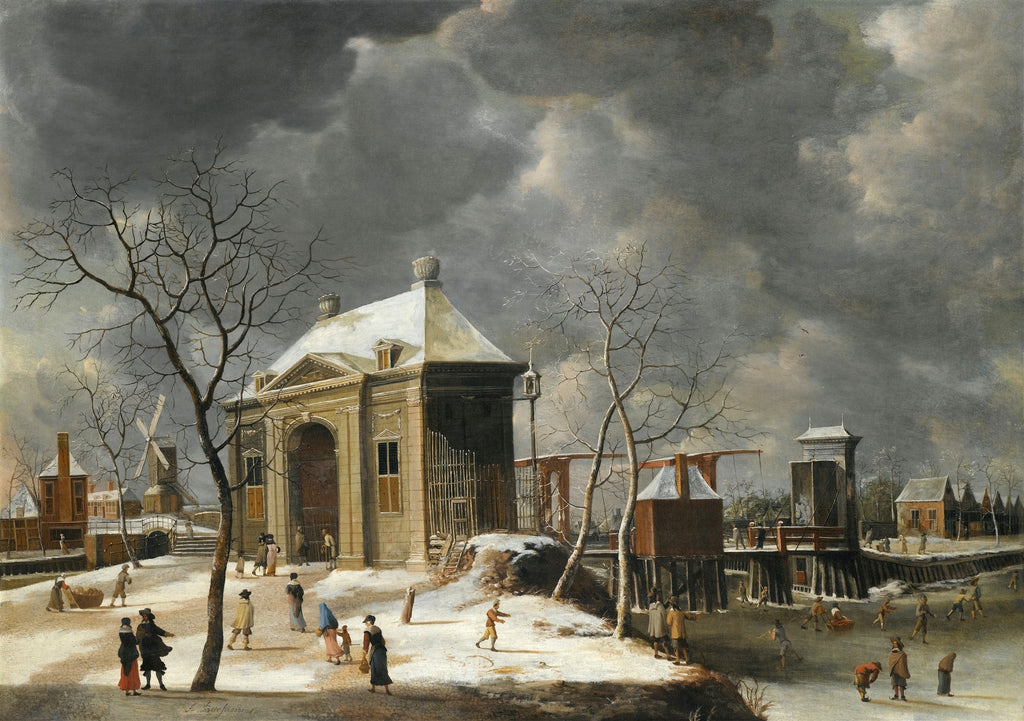 Quadro decorativo mostrando uma paisagem invernal holandesa com pessoas patinando no gelo e caminhando perto de um portão de cidade coberto de neve, sob um céu nublado. A obra é de Jan Abrahamsz Beerstraaten.