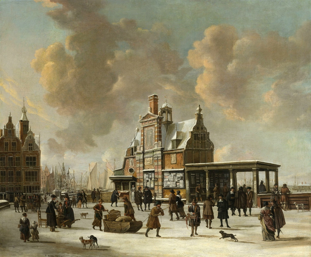 Pintura a óleo de Jan Abrahamsz Beerstraaten mostrando uma movimentada praça de cidade holandesa coberta de neve, com pessoas e edifícios históricos.