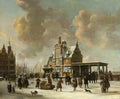 Pintura a óleo de Jan Abrahamsz Beerstraaten mostrando uma movimentada praça de cidade holandesa coberta de neve, com pessoas e edifícios históricos.