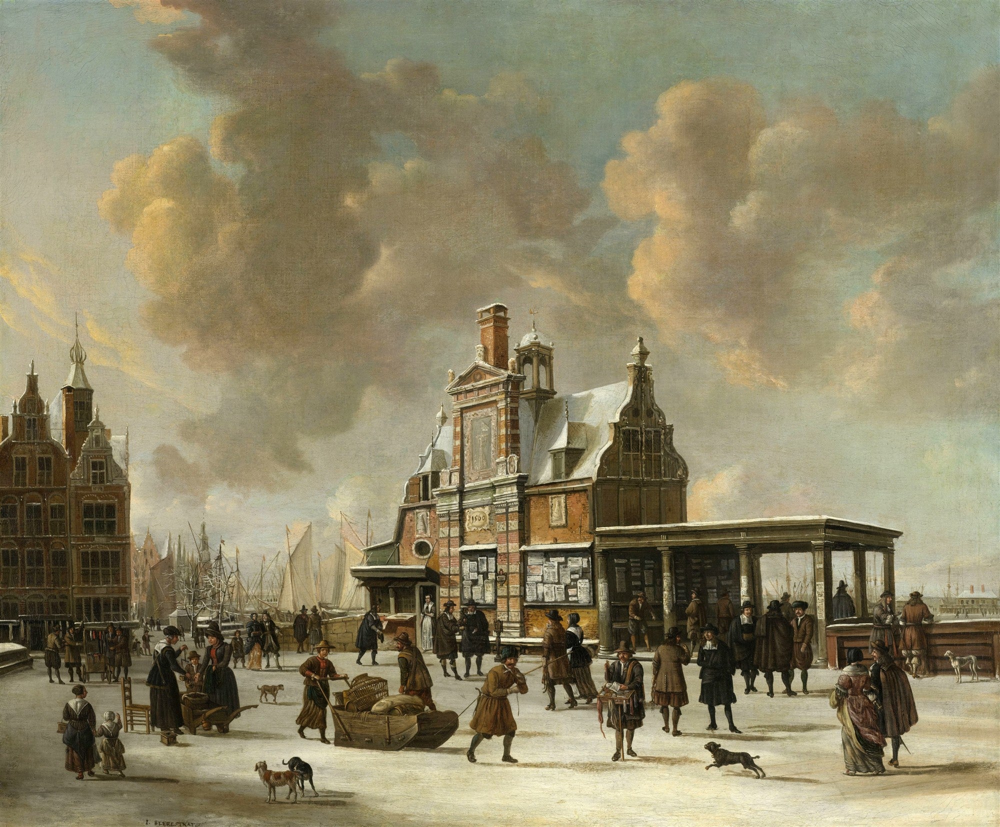 Pintura a óleo de Jan Abrahamsz Beerstraaten mostrando uma movimentada praça de cidade holandesa coberta de neve, com pessoas e edifícios históricos.