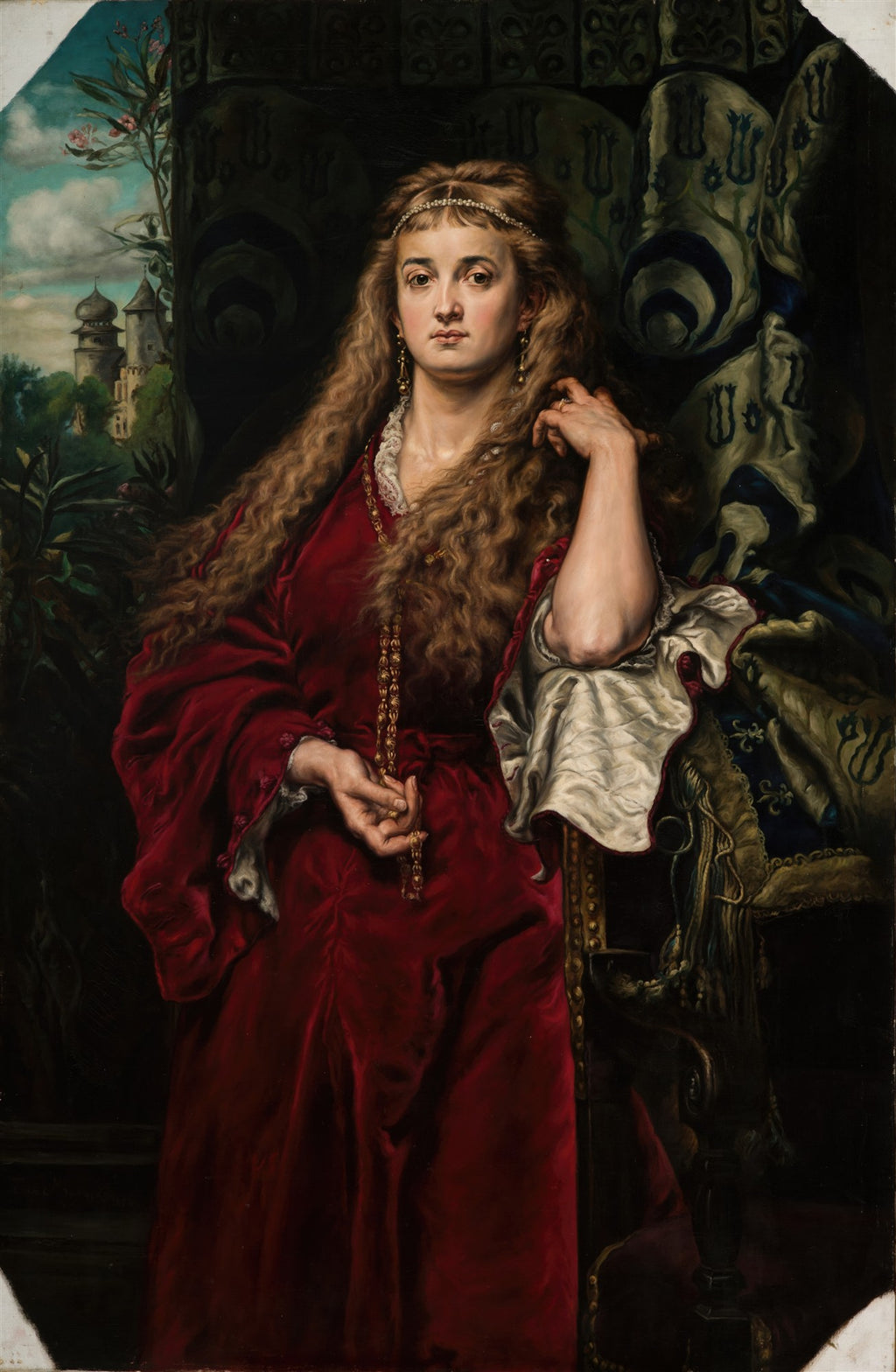 Retrato da Rainha de Sheba em vestido vermelho, obra de Jan Matejko, com cabelos longos e um castelo ao fundo