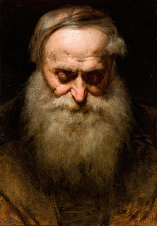 Retrato de um homem idoso com barba longa e branca, olhar voltado para baixo em contemplação, fundo escuro. Obra atribuída a Jan Matejko.