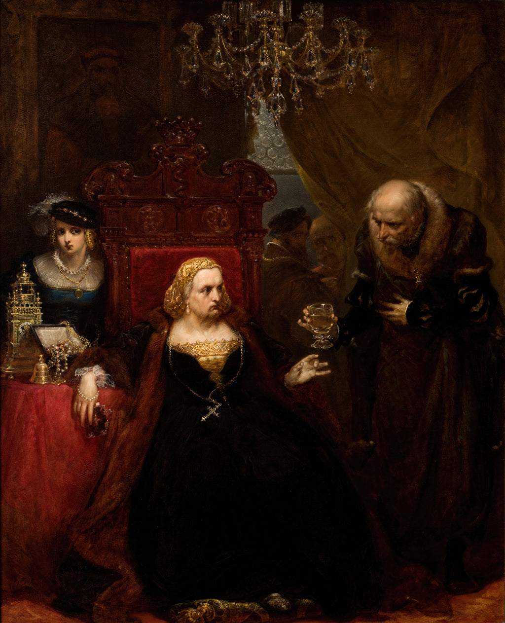 Pintura de Jan Matejko 'Barbara Radziwill at the Court of Henry Valois', mostrando uma rainha sentada em trono, com figuras masculinas ao redor, em uma cena de corte com iluminação dramática e detalhes luxuosos.