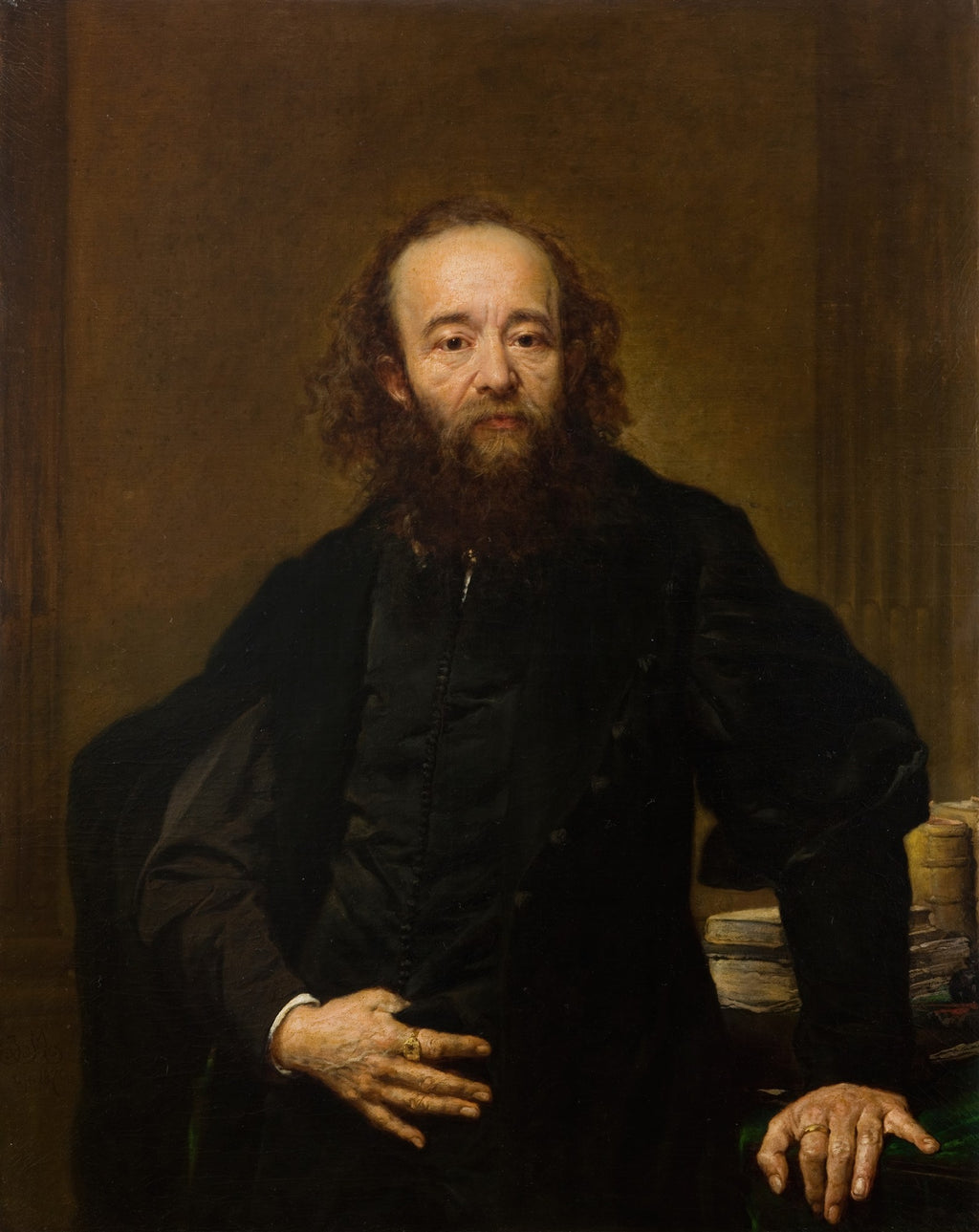 Retrato de um homem idoso com barba e cabelos castanhos cacheados, vestindo roupas escuras e olhando diretamente para o observador. A imagem possui um fundo marrom escuro com um pilar à esquerda e livros à direita, evocando uma atmosfera clássica e séria.