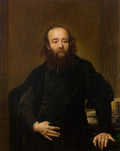 Retrato de um homem idoso com barba e cabelos castanhos cacheados, vestindo roupas escuras e olhando diretamente para o observador. A imagem possui um fundo marrom escuro com um pilar à esquerda e livros à direita, evocando uma atmosfera clássica e séria.