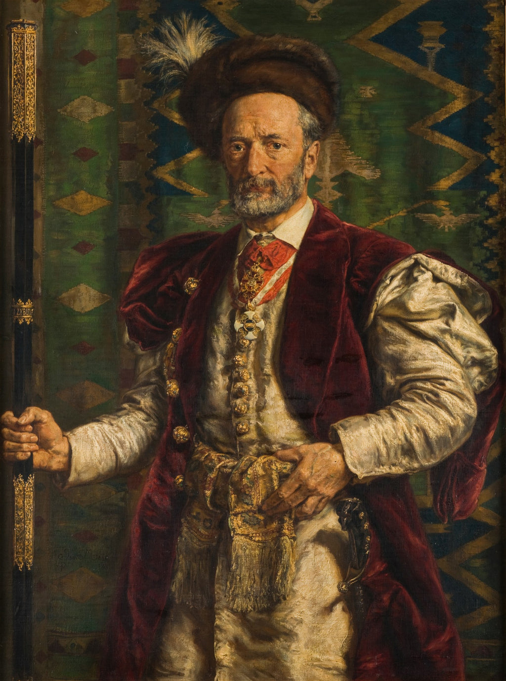 Retrato a óleo de Stanisław Tarnowski, figura masculina com chapéu de pele, vestes ricas e medalhas, segurando uma bengala, pintado por Jan Matejko.