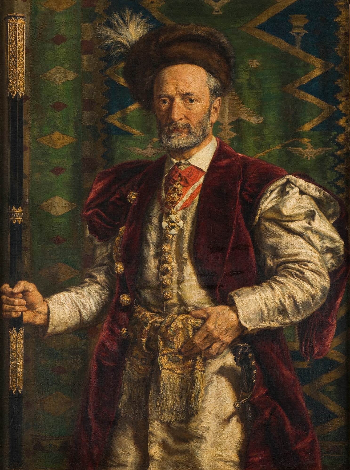 Retrato a óleo de Stanisław Tarnowski, figura masculina com chapéu de pele, vestes ricas e medalhas, segurando uma bengala, pintado por Jan Matejko.