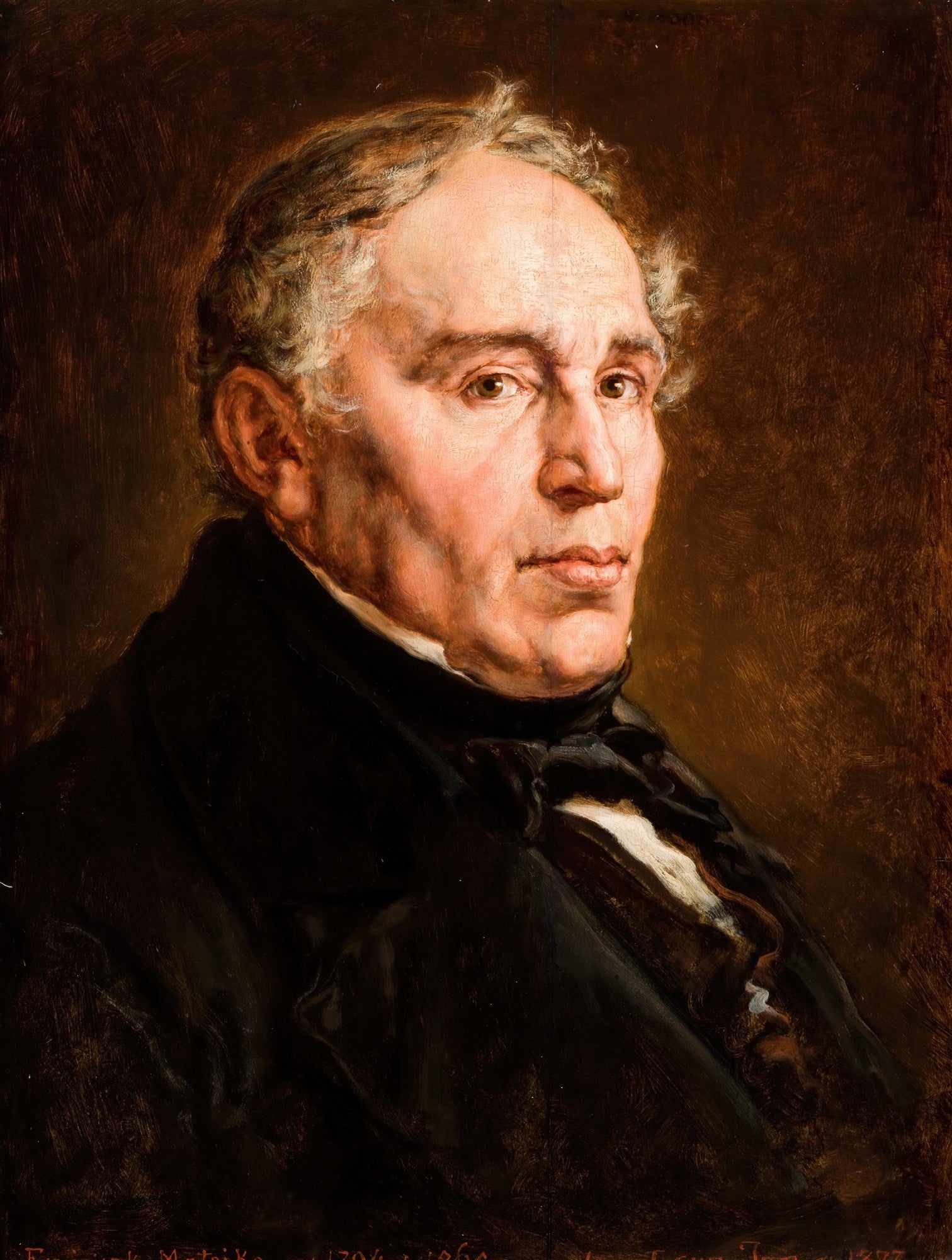 Retrato a óleo de um homem idoso, com cabelos grisalhos e rosto expressivo, vestindo roupas escuras, pintado por Jan Matejko em 1877.