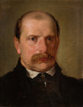 Retrato de um homem com bigode proeminente, cabelo ralo e olhos azuis penetrantes, vestido com traje escuro e broche, atribuído a Jan Matejko.
