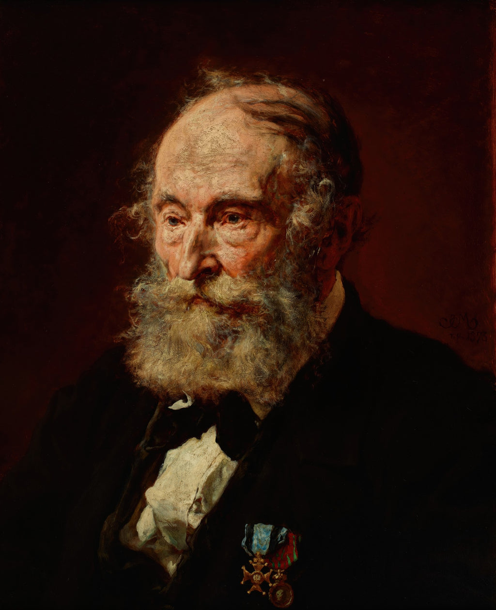 Retrato de um homem idoso, com barba longa e grisalha, vestindo terno escuro e uma medalha, em fundo marrom-avermelhado. Pintura a óleo de Jan Matejko.