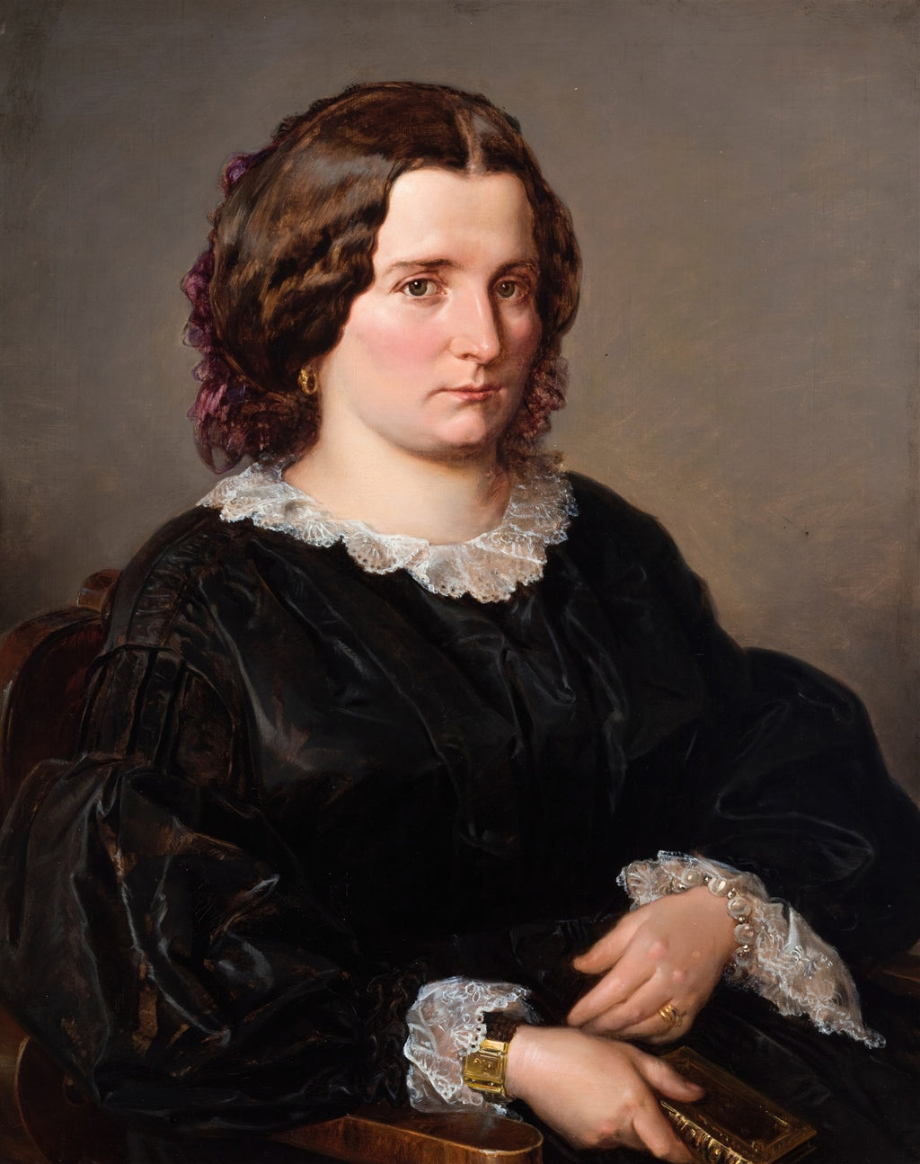 Retrato de uma mulher com vestido preto e gola de renda branca, em estilo clássico, atribuído a Jan Matejko.
